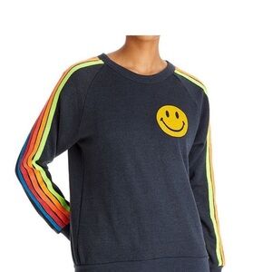 Aviator Nation Charcoal Sweatshirt with Yellow Smiley and Rainbow Stripes
